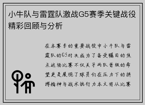 小牛队与雷霆队激战G5赛季关键战役精彩回顾与分析